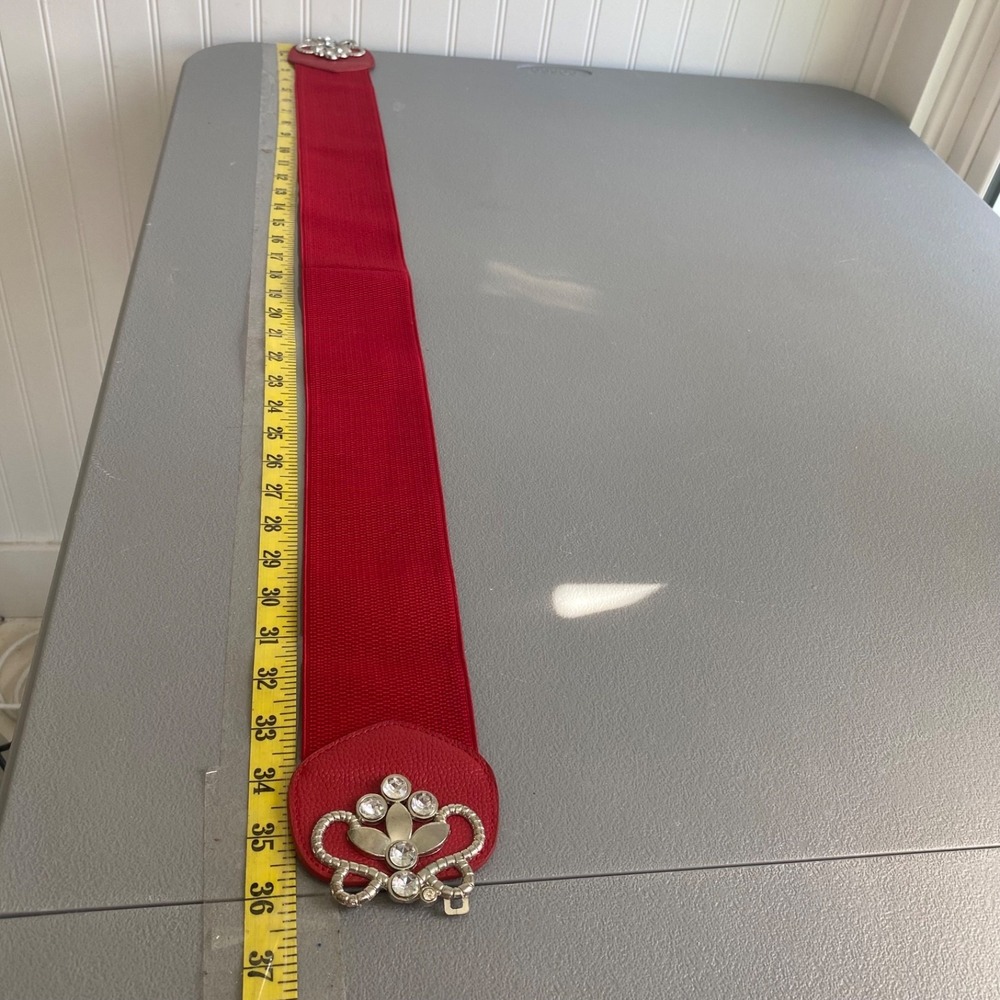 Vintage Statement Red Cowgirl Belt Rhinestone Bling Size M Wide Elastic Boho - Picture 8 of 10